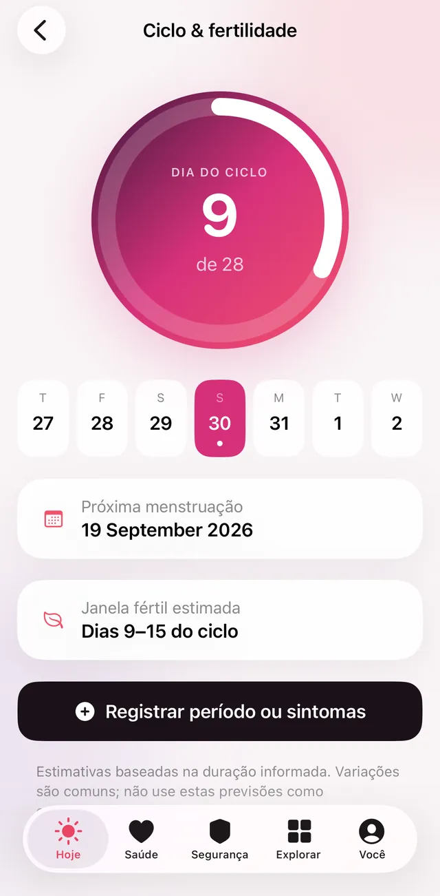 Tela Ciclo e fertilidade: anel com o dia 9 de 28, a semana, próxima menstruação estimada e janela fértil de dias 9 a 15.