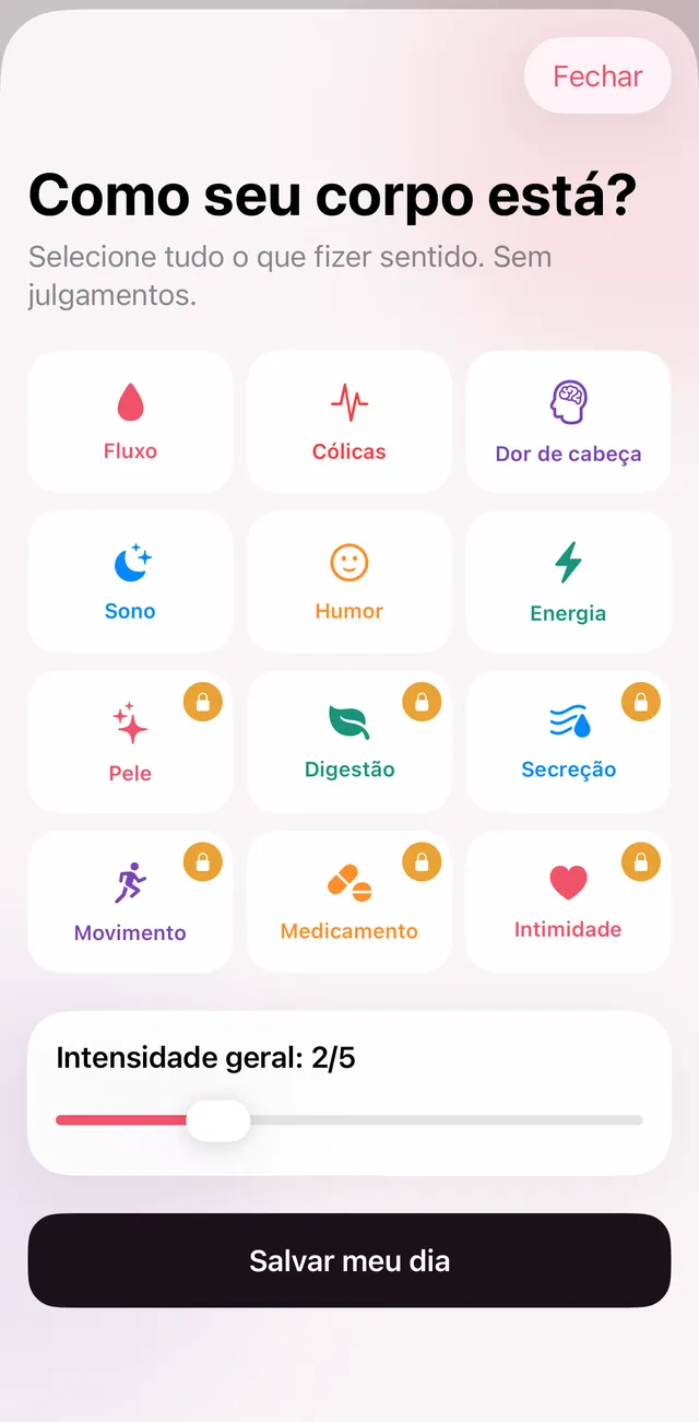 Tela “Como seu corpo está?”: grade de sintomas para selecionar e um controle de intensidade geral.