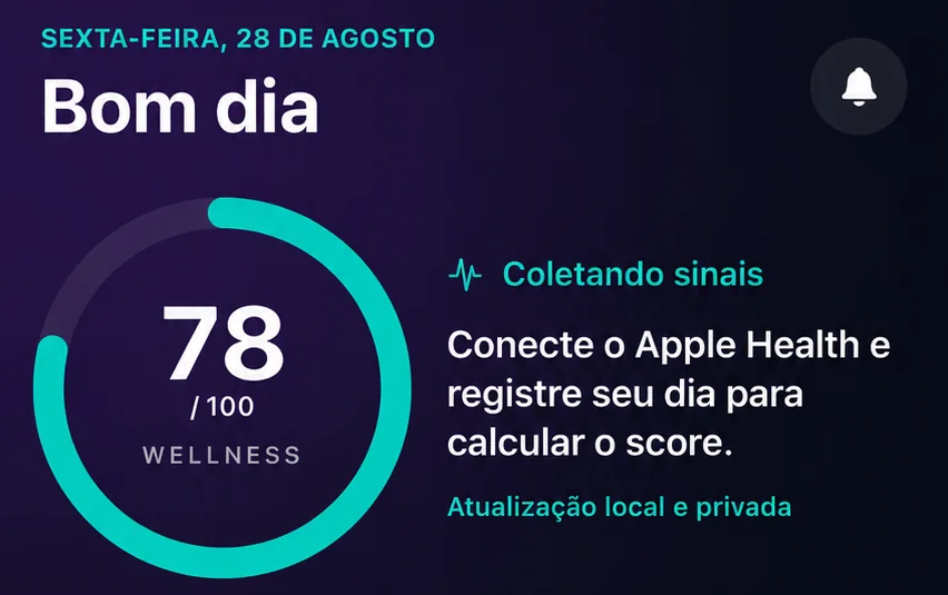 Topo da tela do Welleva: anel do score marcando 78 de 100 e o aviso de que o app está coletando sinais.